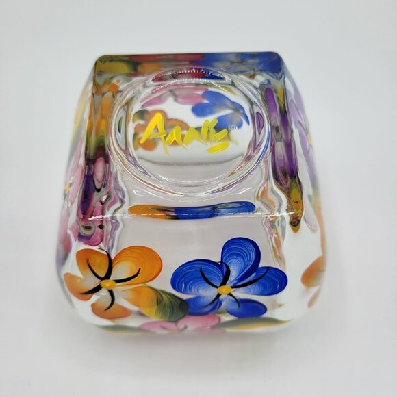 Hand-Painted Floral Clear Glass Planter Vase 5" Square Decorative Centerpiece - Picture 8 of 10